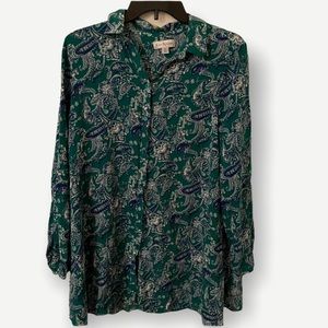 Kim Rogers Button Down Long Sleeve Shirt Paisley Green Blouse